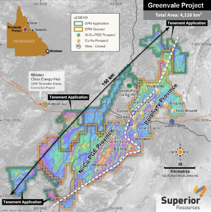 Greenvale Project regional airborne magnetics, illustrating existing EPMs and new EPM Applications, alongside key prospects within porphyry Cu-Au and Ni-Cu-PGE…