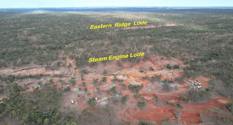 Aerial view of the Steam Engine Gold Project taken during 2021 Resource drilling program, looking southeast