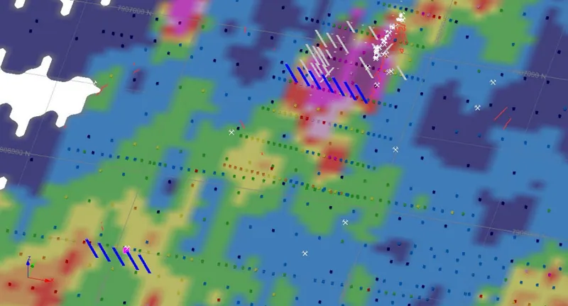 Oblique view towards north of the Steam Engine Gold Project showing planned drill holes (thick white and blue traces), existing drill holes (thin grey traces)…