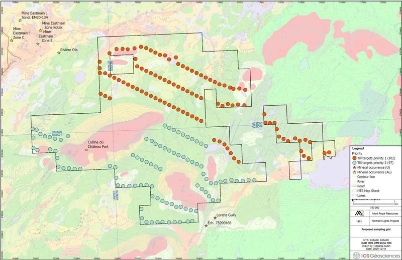 Location of the targeted till samples on the Chateaufort Property. Background colours are indicative of surficial deposit types