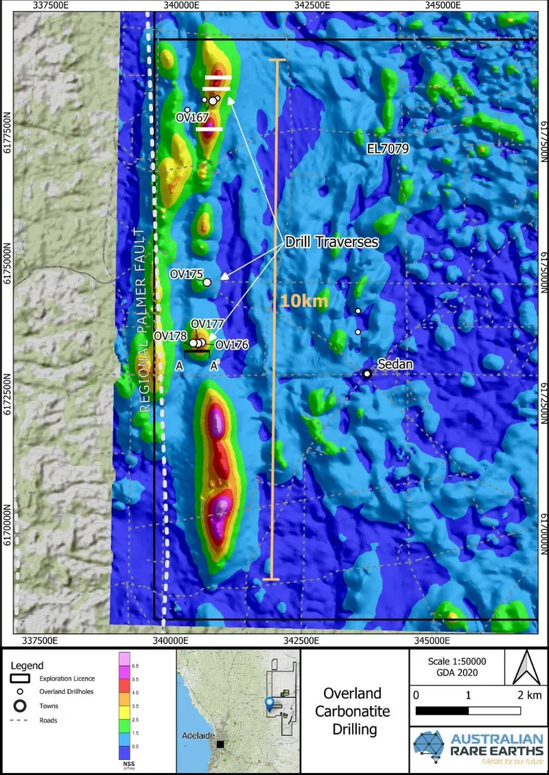 Overland magnetic imagery showing completed drill holes and the interpreted 10 km carbonatite corridor (refer ASX announcement 15 September 2026)