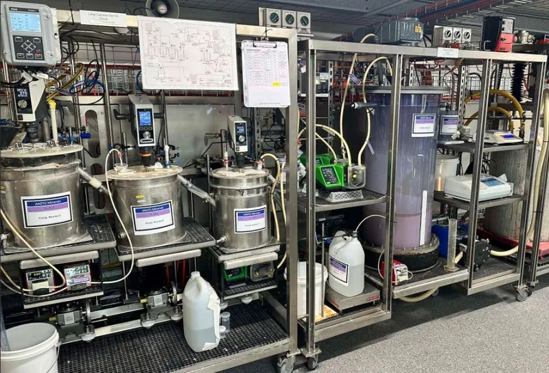 Continuous three-stage precipitation reactor with MREOH accumulating in transparent thickener vessel (right). MREOH filter cake (refer ASX announcement 10 Sept…