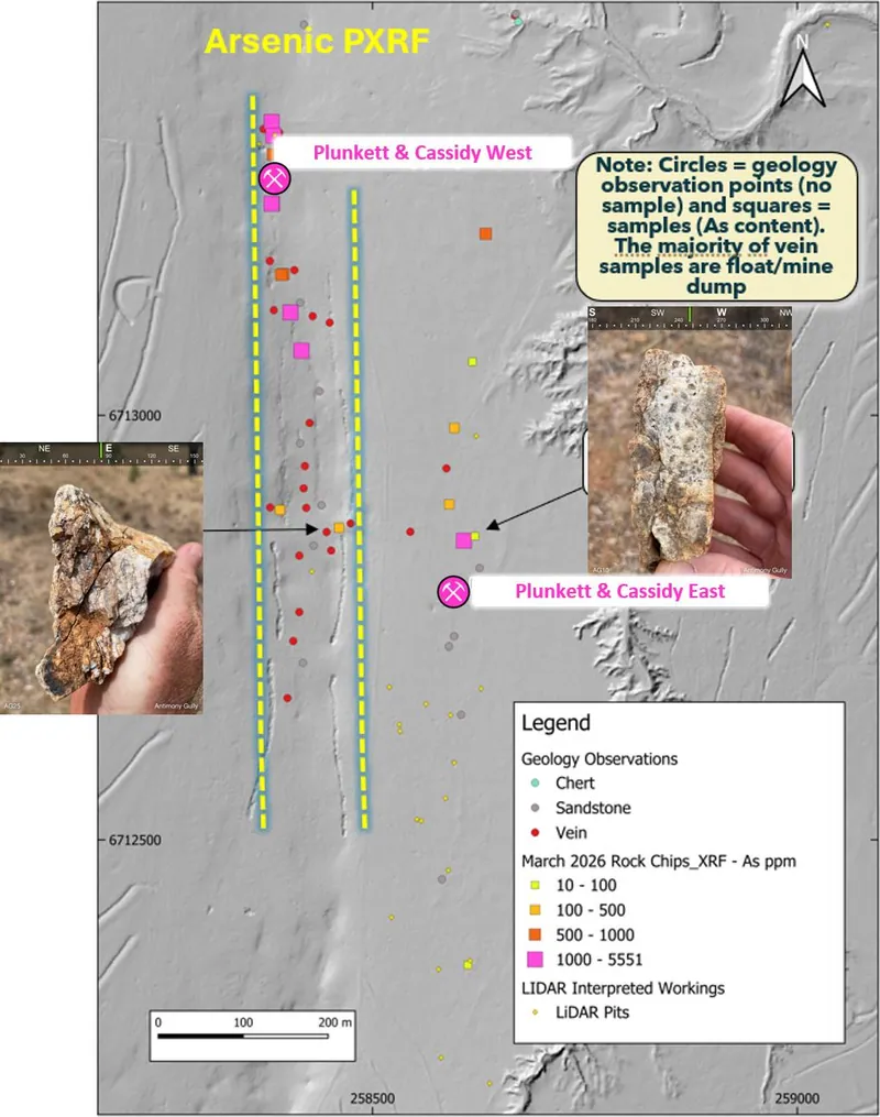 Antimony Gully trend – Plunkett & Cassidy prospect surface sample locations