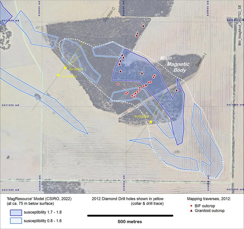 Southeastern section of modelled magnetite deposit showing remnant vegetation and cropped areas