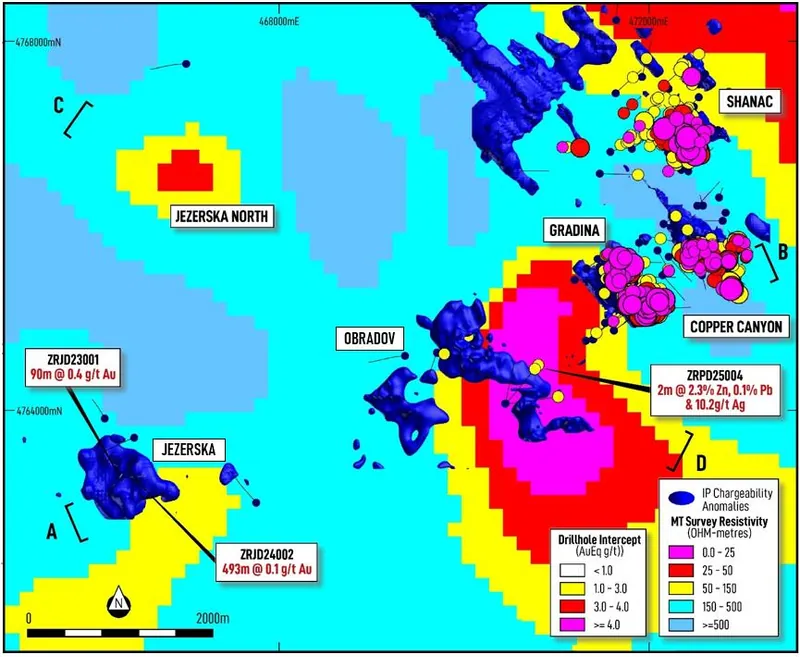 Plan view map of the southern part of the Rogozna Project, showing background MT conductivity IP chargeability anomalies, drill-hole intercepts and prospects