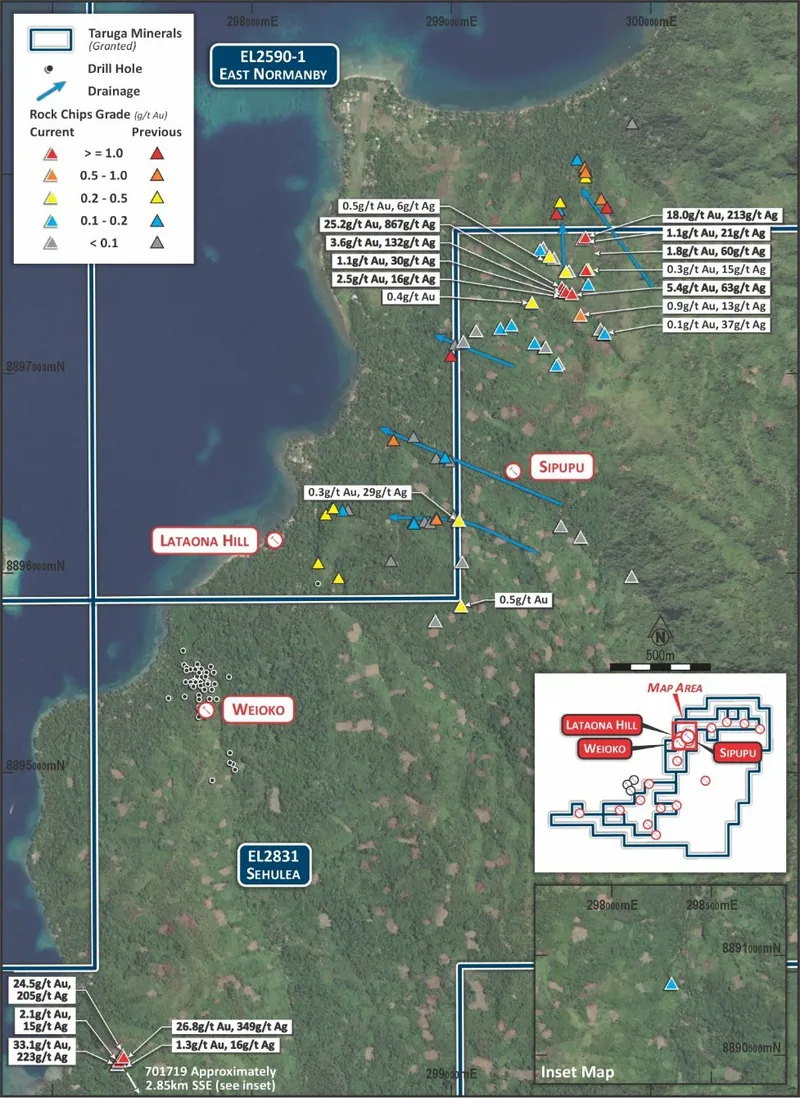 Wenasia and Sipupu rock chip sample results, Weioko Gold District
