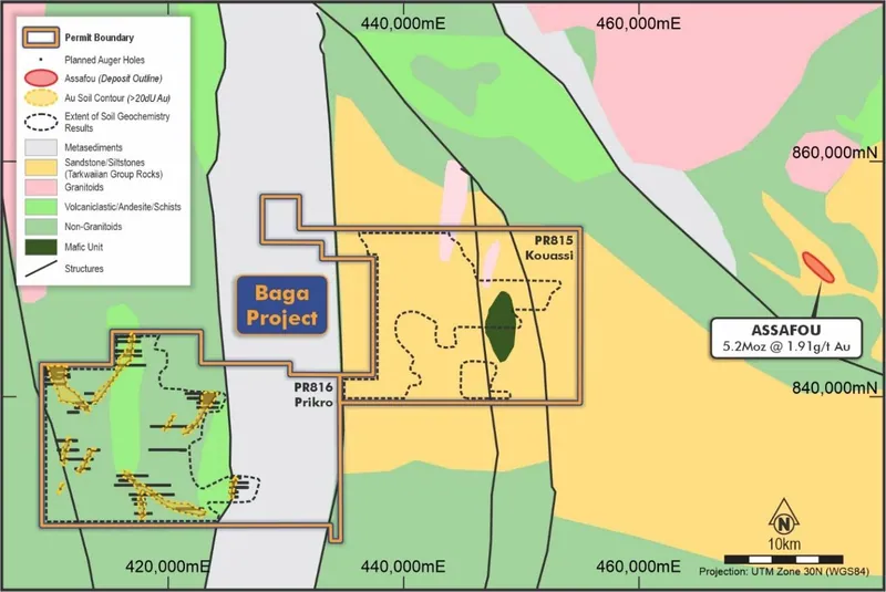 Baga Project area with soil sampling grid and gold-in-soil anomalism on interpreted geology