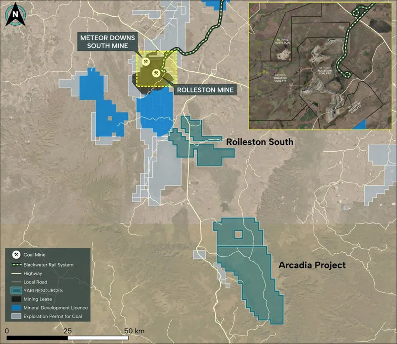 Shows the Rolleston South and Arcadia Coal Projects relative to the Blackwater rail system, which extends to Glencore’s Rolleston Coal Mine immediately north o…