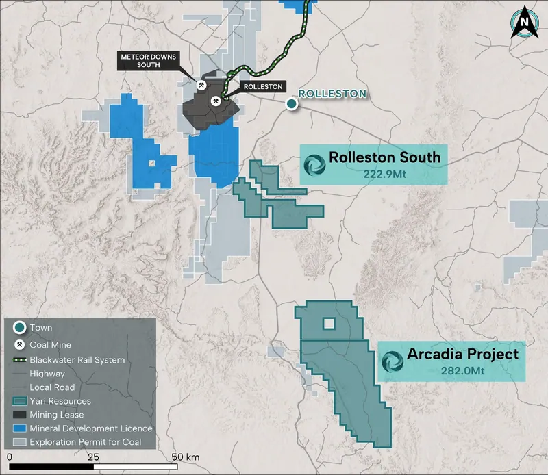 Location of Yari’s Rolleston South and Arcadia coal projects relative to the Rolleston and Meteor Downs South coal mines and the Blackwater rail system