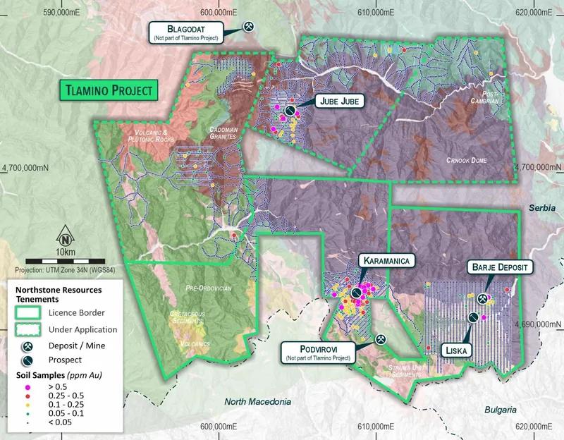 Overview of Tlamino Project, Showing Permit Areas, Key Targets and Significant Historic Sampling Results