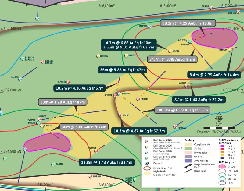 Barje Deposit Plan View Showing Drill Collars, Downhole Assay Traces and Results Within the High-Grade Expansion Corridor