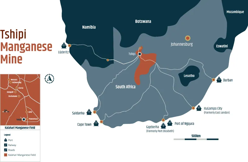 Tshipi Manganese Mine, regional rail and port locations, and other Kalahari manganese mines