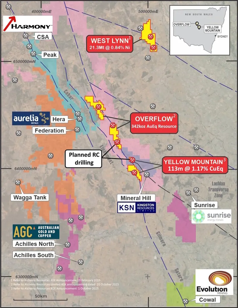 Alchemy NSW Projects showing the location of the Yellow Mountain & Overflow Projects