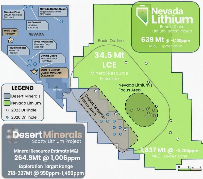 Overview of Desert Minerals’ Scotty Lithium Project and drillhole locations