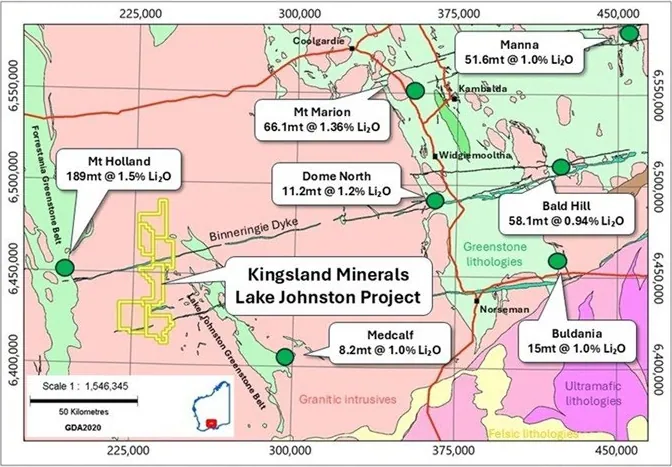 Location of Kingsland Lake Johnston Project with major lithium deposits6