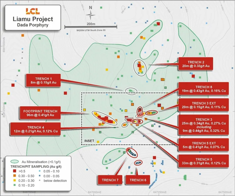 Dada trench and pit geochemical results, showing the extent of gold mineralisation (>0.1g/t Au) and stockwork-hosted trench intercepts