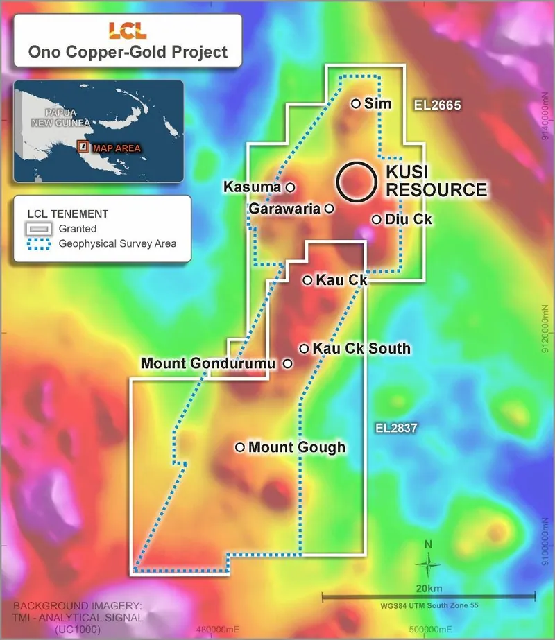 Ono Project: map showing planned coverage of high-resolution airborne data over existing magnetic (TMI) image of the Ono trend in Kusi and Kau Creek exploratio…