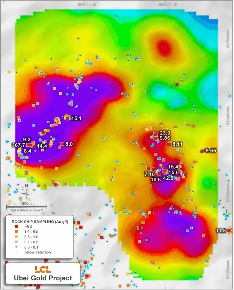 Ubei IP chargeability anomaly (200m depth slice) with historical and recent surface rock chip gold assays