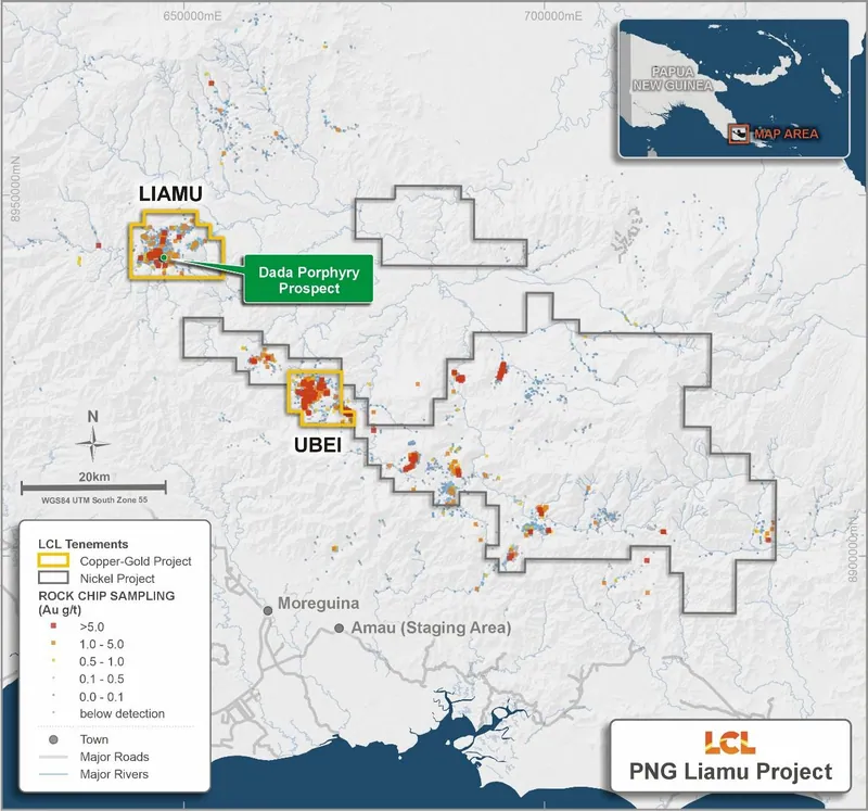 Location of the Liamu (Dada) and Ubei areas comprising EL2432, PNG