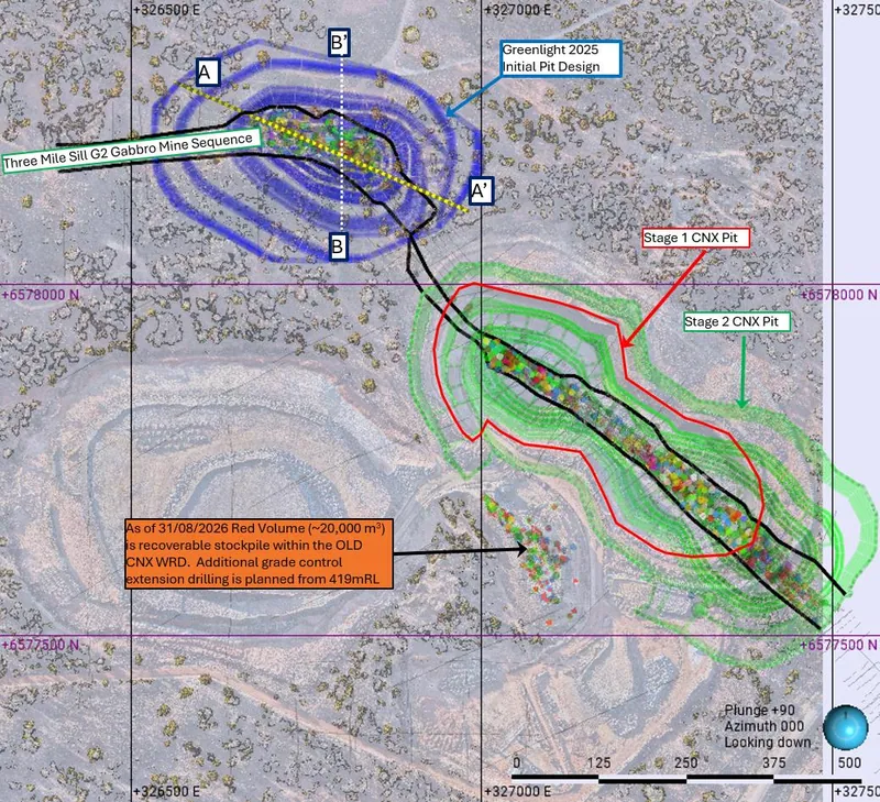 Location Plan for CNX Deposit with Stage 1 and 2 Pits, Historic CNX waste rock dump (WRD) and Green Light deposit with initial pit design