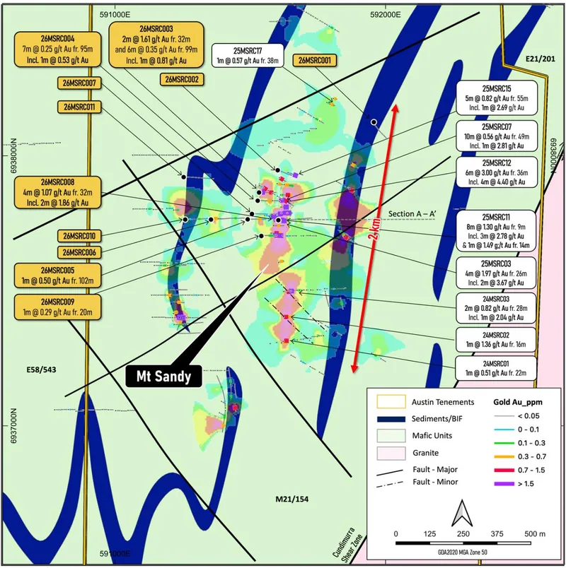 Mt Sandy plan showing extent of gold mineralisation (shown as a gridded drillhole gold image overlying the BIF/mafic stratigraphy)