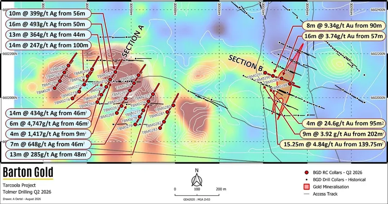 Tolmer map with Pb background, Ag contours (white), May-June 2026 drilling (red) & key assays21