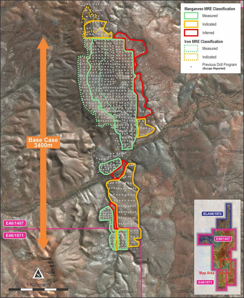 Manganese and Iron Mineral Resource outlines and classifications projected to surface