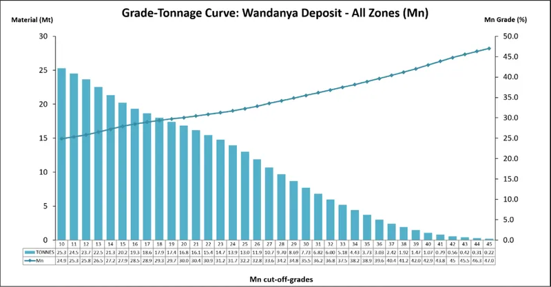 Wandanya Mn Mineral Resource grade-tonnage curve