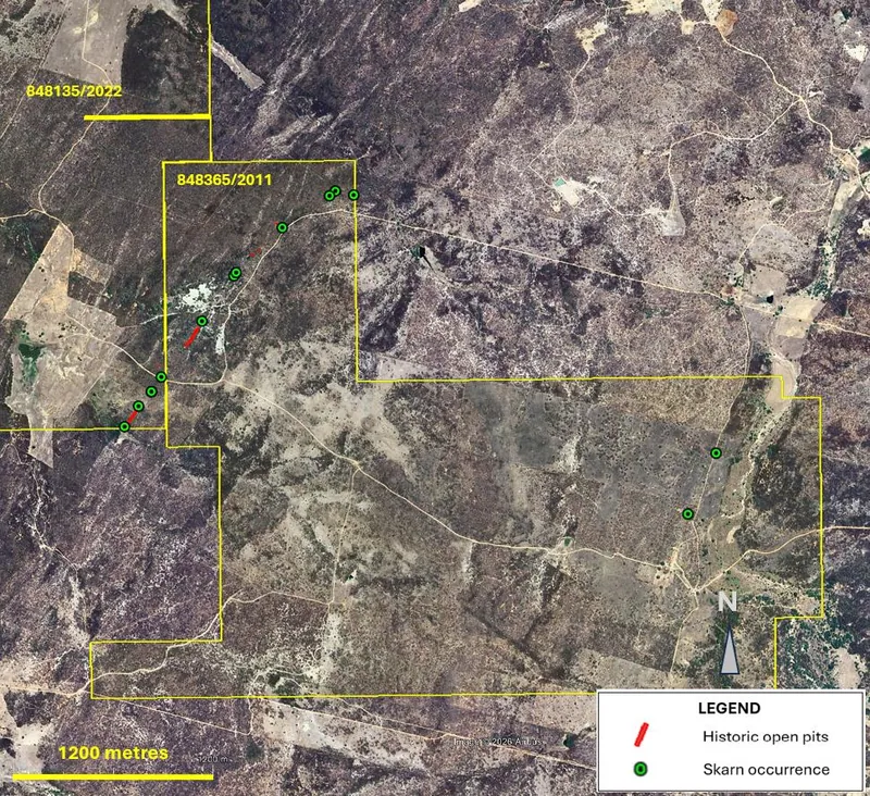 Location of skarn outcrops and pits in the GMN and EMPG tenements