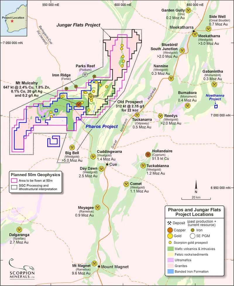 SCN’s Pharos Project and Jungar Flats JV with existing major deposits and neighbouring tenures, including planned area of geophysics surveying and lithostructu…
