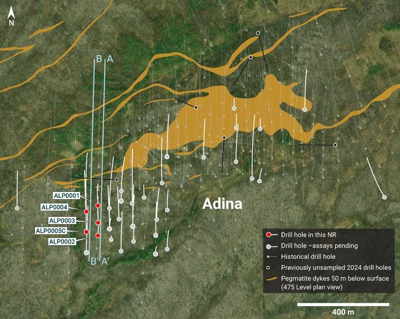 Plan map showing historical drill traces and LIFT’s 2026 drill holes, as well as a level plan of the AdinaGalinée pegmatite complex at 475 m above sea level, a…
