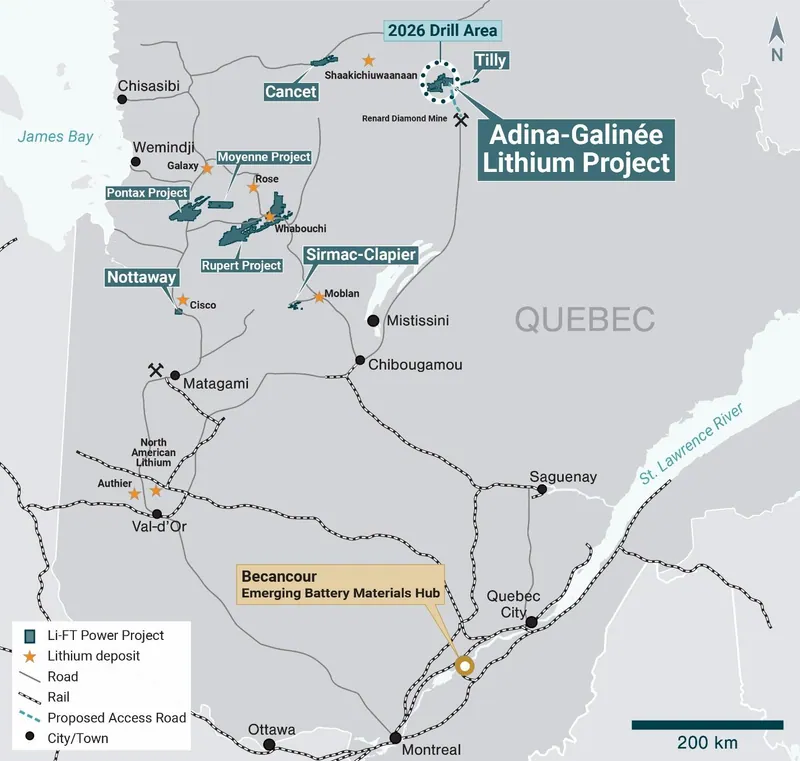 Location of LIFT’s spodumene pegmatite properties in Quebec, Canada