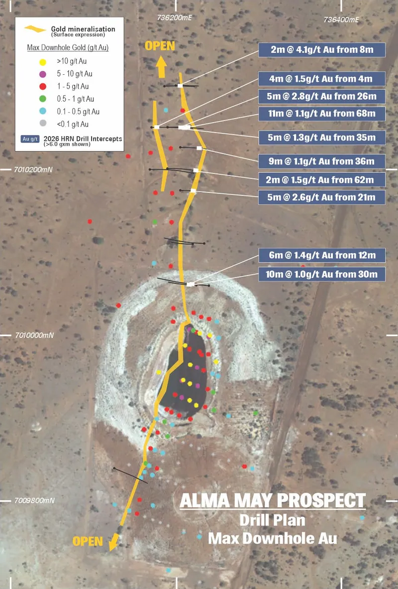 Alma May drill hole plan showing all drill collars coloured by max. downhole gold and recent gold intercepts over satellite image