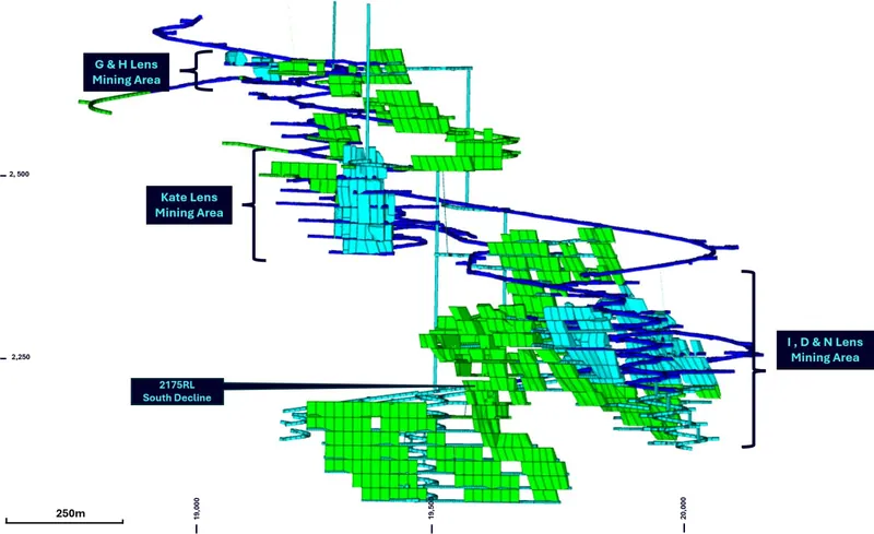 Woodlawn Mine as-built with current development and active mining areas (light blue) and planned LOM stopes (green)