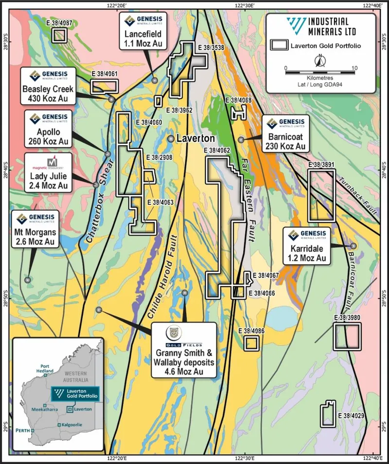 Laverton Gold Project location plan, IND tenements and neighbouring gold resources