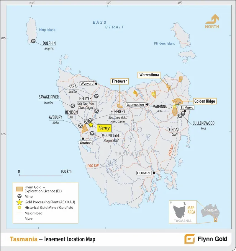 Location of Flynn Gold tenements in Tasmania