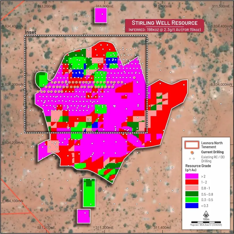 Plan view of grade control RC drilling and the block model at the Mt Stirling Well gold deposit, showing significant intercepts reported during the Quarter