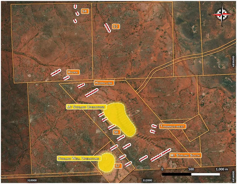 Planned RC drilling at the Leonora North Gold Project, showing the eight target prospects relative to the Mt Stirling and Mt Stirling Well deposits