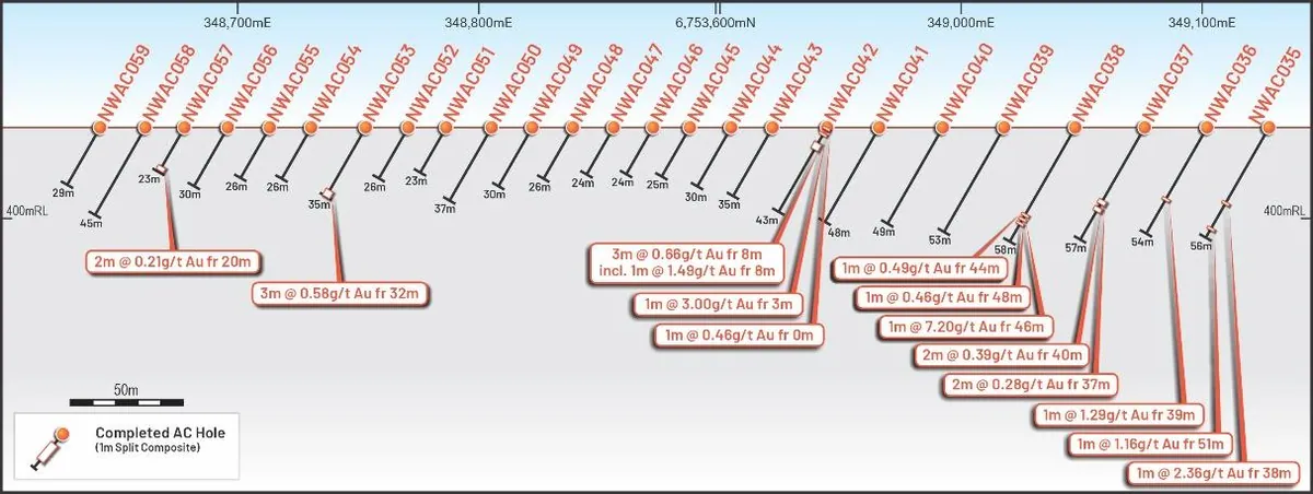 Cross section of RC holes at Whistler Zone 2 showing blind vein hosted gold mineralisation