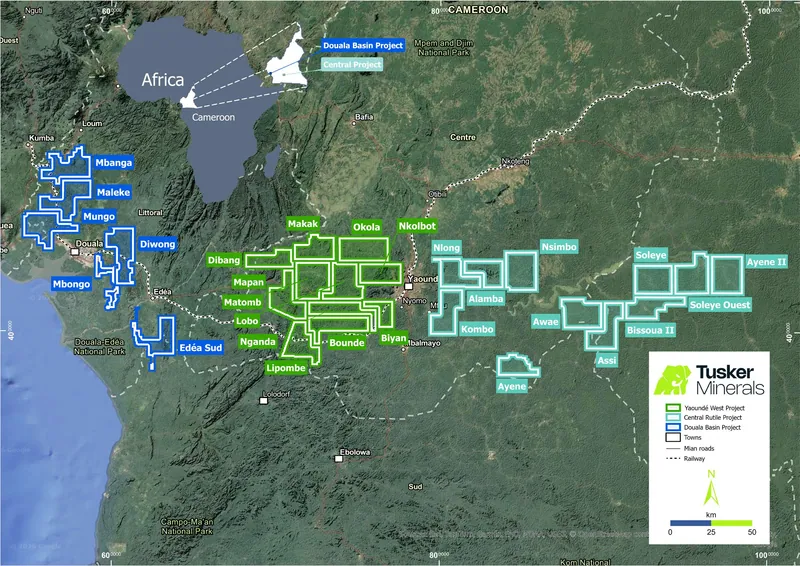 Map of Cameroon showing Tusker Minerals Central Rutile Project in green, and the Douala Basin Project in blue, encompassing +11,000km2 of highly prospective te…