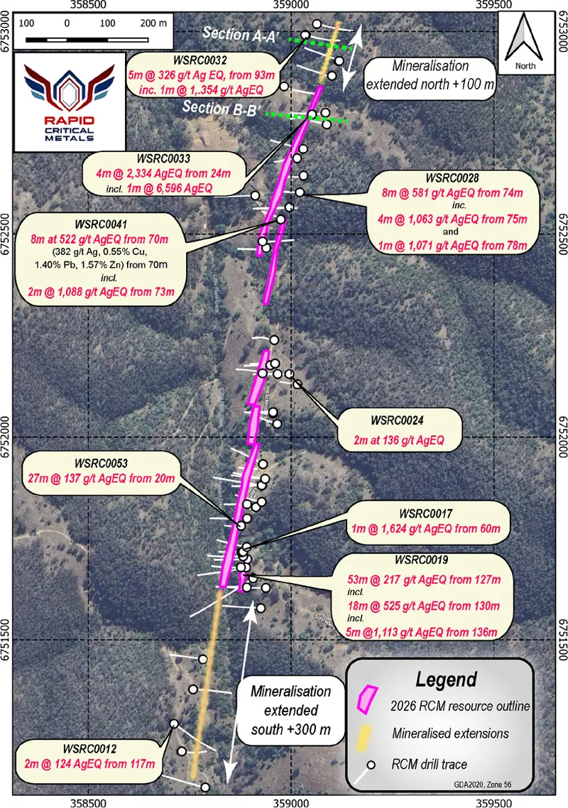 Plan of Webbs drilling showing RCM drill traces, the Webbs resource outline projected to surface (pink), the mineralised extensions 300m south and more than 10…