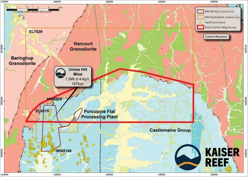Area of heli-mag survey flight at the Maldon Gold Project over geology with known gold mineralisation locations