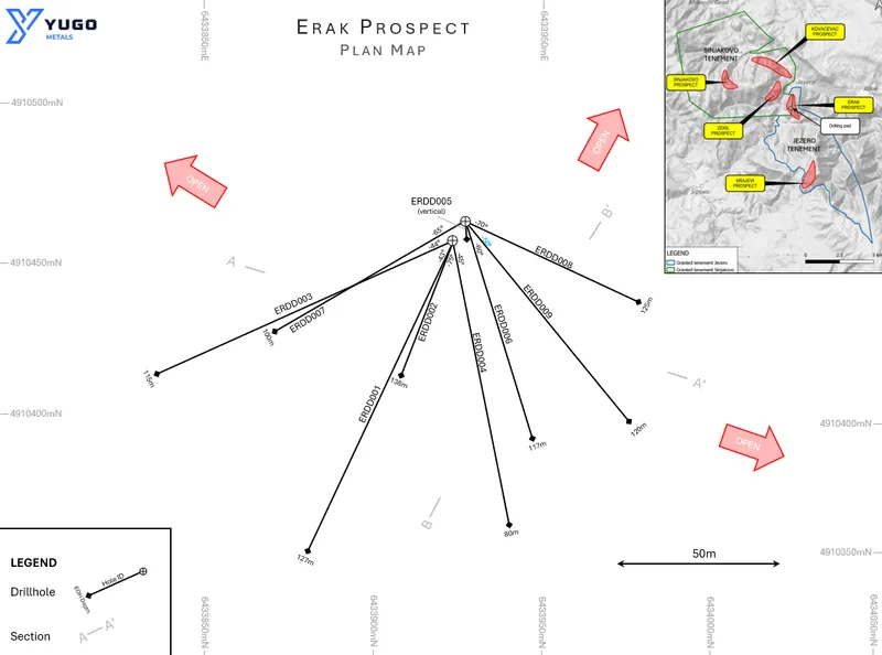 Erak Prospect (Golden Hills Project), plan map showing drilling program