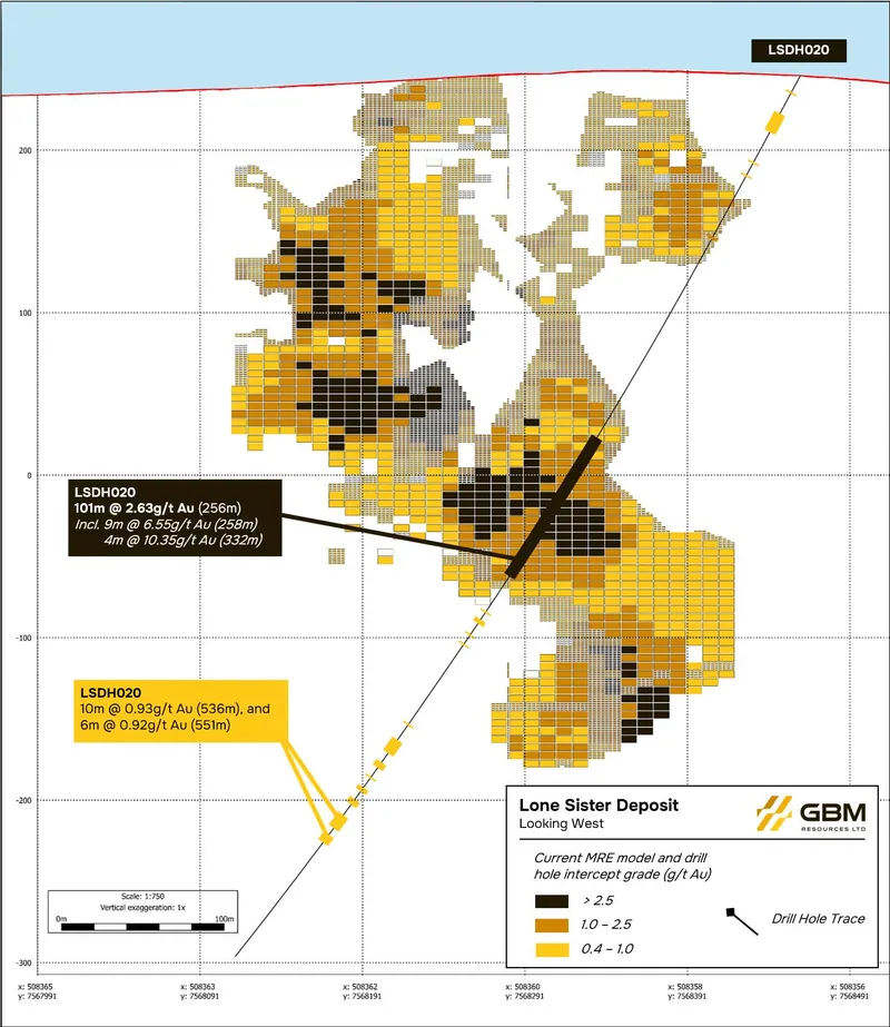 Cross section of drill hole LSDH020 at the Lone Sister deposit