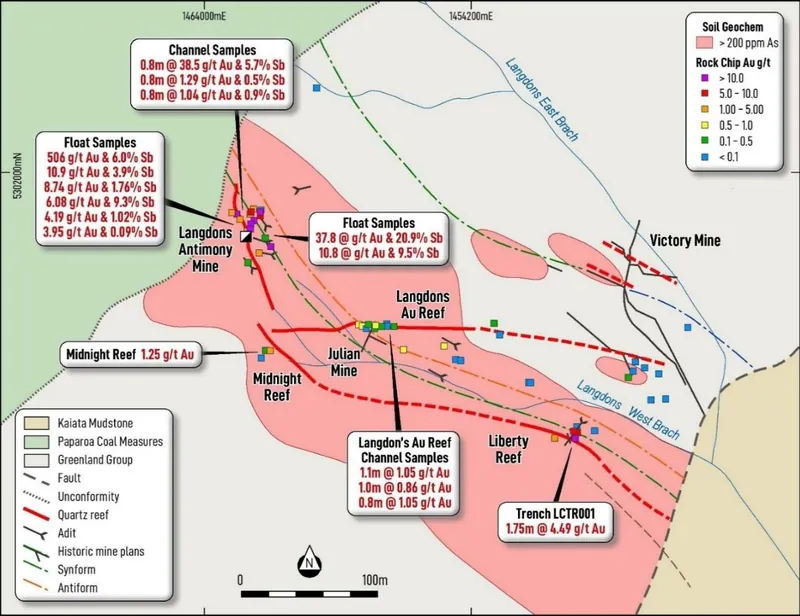 Simplified Geology plan of Langdons, showing historic mining areas and exposed adits, with updated reef occurrences