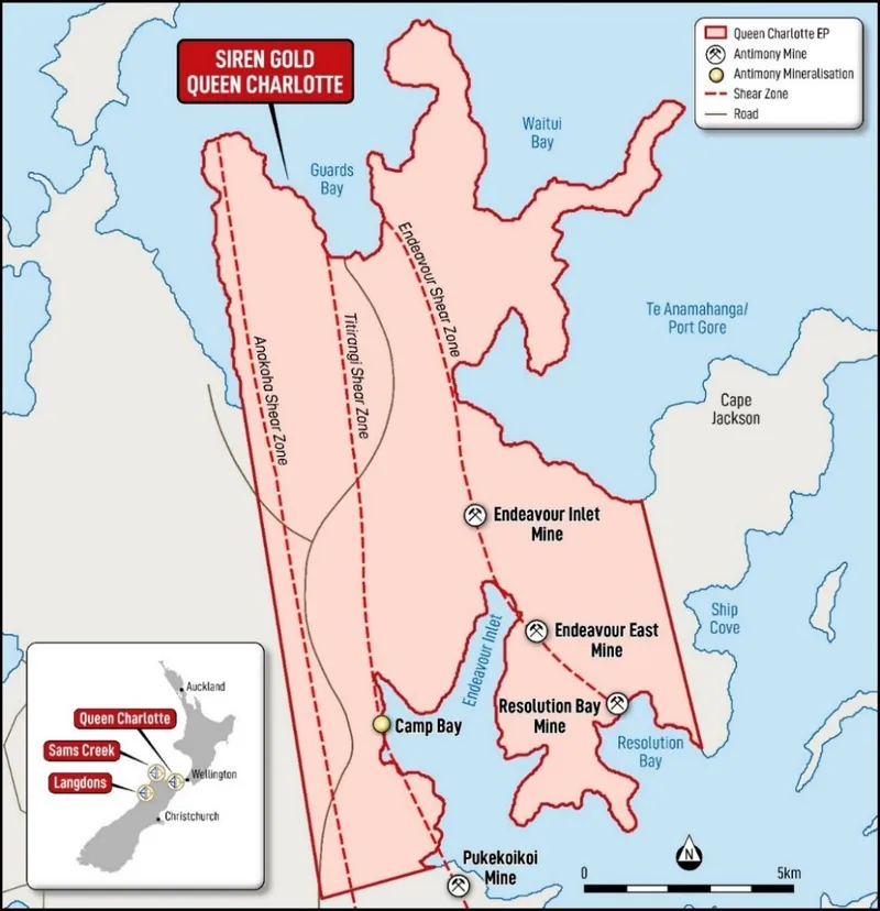 Queen Charlotte Exploration Permit (EP 61215) in the Marlborough Goldfield 120kms east of Sams Creek