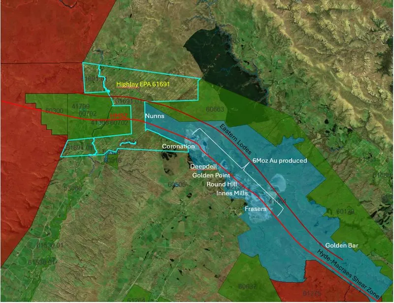 Location of the Highlay exploration permit application (EPA 61691) at the north-western end of the HydeMacraes Shear Zone, showing the mined section of the HMS…