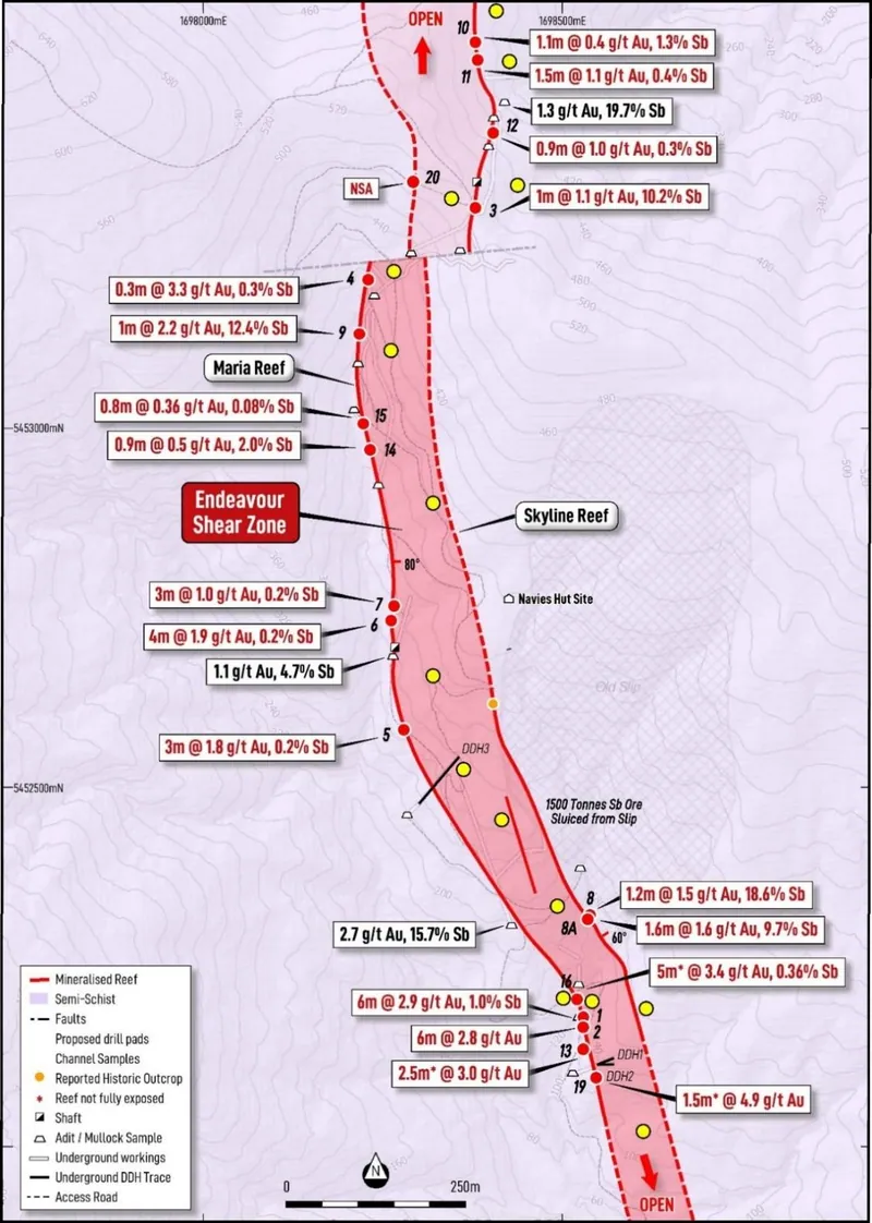 Endeavour Inlet mine area showing channel sample results and proposed drill pads