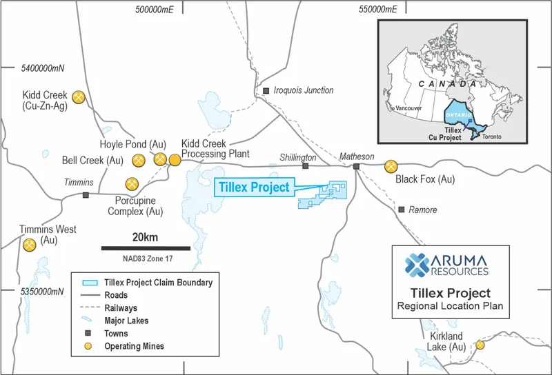 Regional location map showing Tillex Project within the Timmins mining district, Ontario, Canada