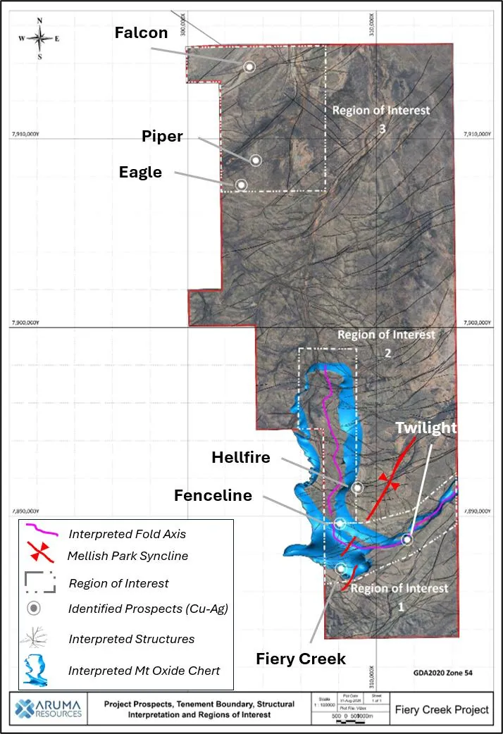 Fiery Creek Project showing the three Regions of Interest identified in a recently completed geological study and the interpreted Mt Oxide Chert Marker Horizon…